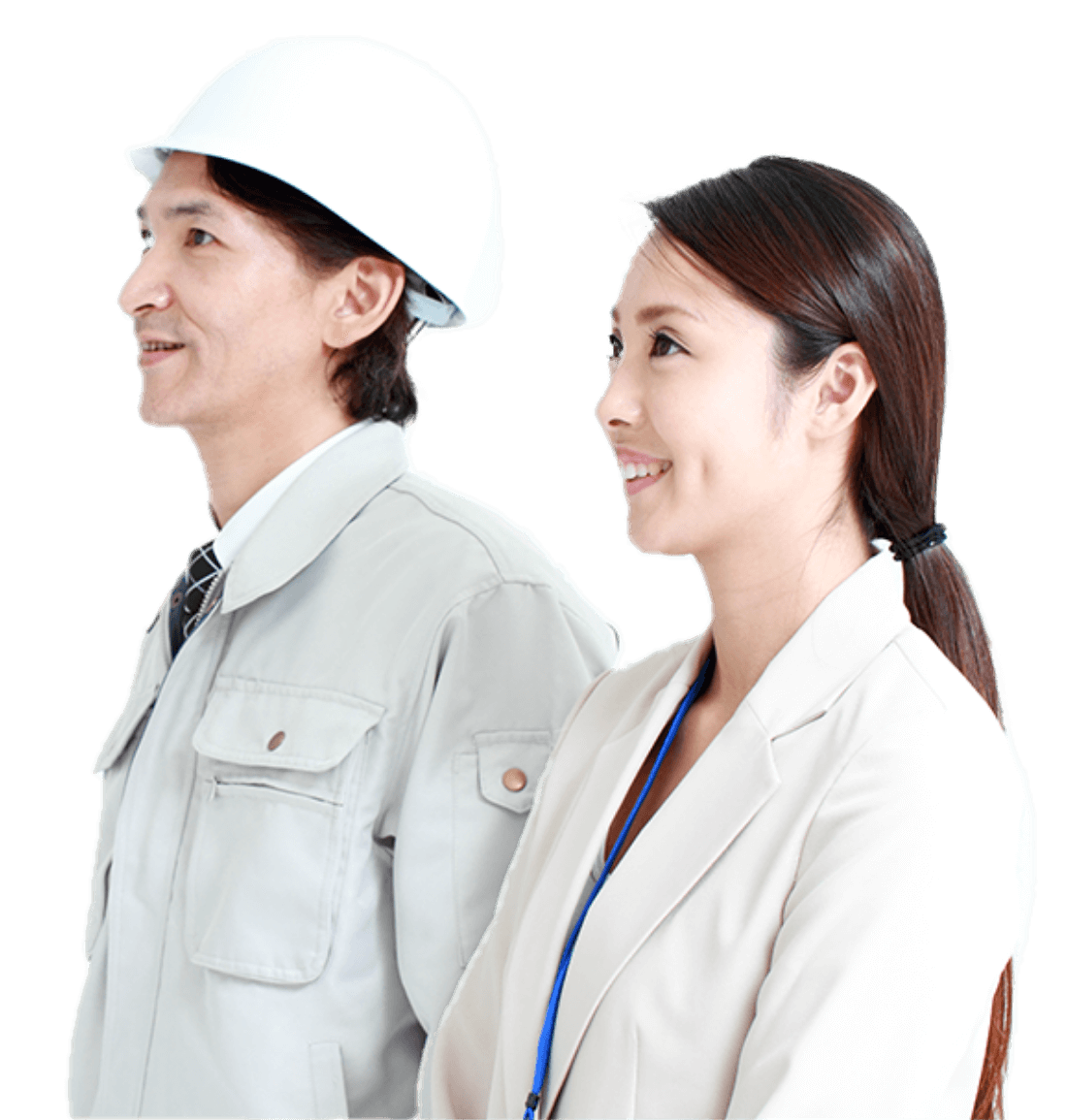 作用服を着てヘルメットをつけた男性とスーツを着た女性が並んで斜め方向を向いている写真